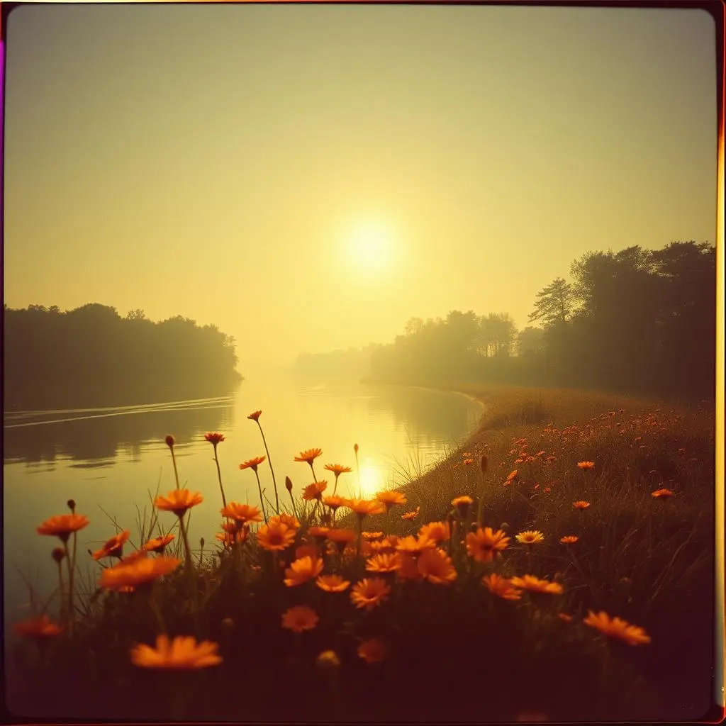 The sun rising over the water/mountains, casting warm orange and pink light across the sky.