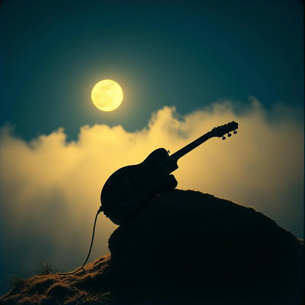 Acoustic guitar sitting outdoors at night, illuminated by soft moonlight.