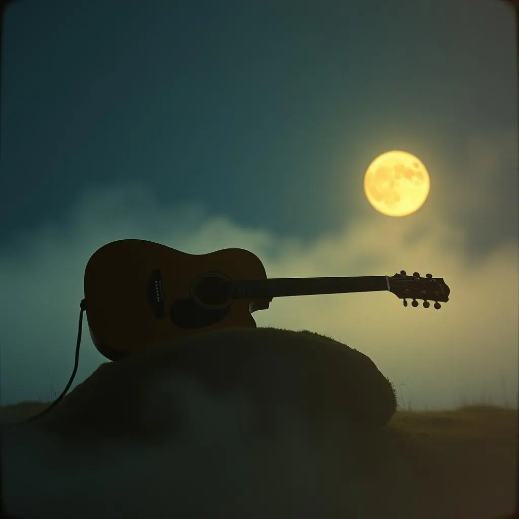 Acoustic guitar under a bright full moon at night.