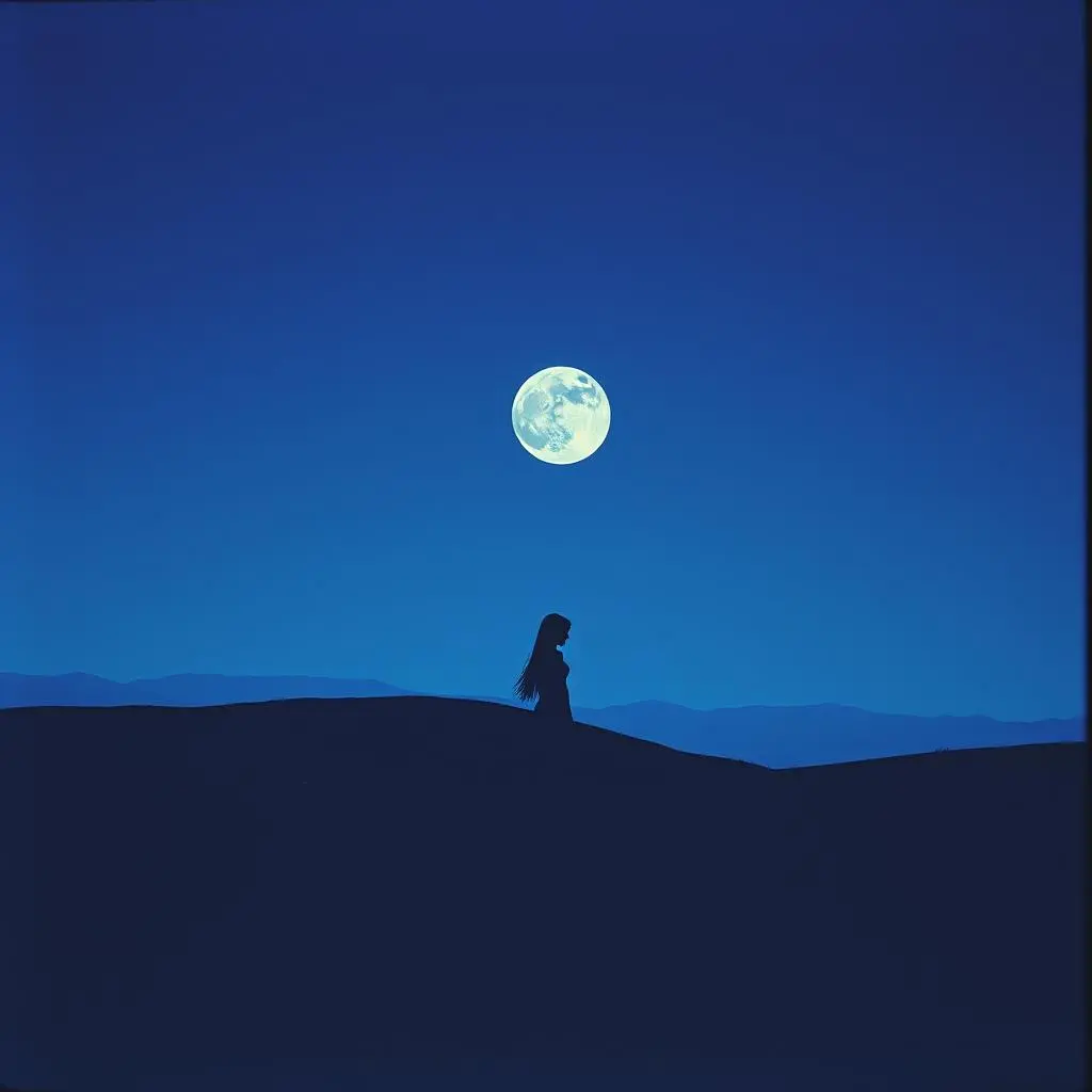 A young woman in silhouette, looking up at a bright full moon in the night sky.