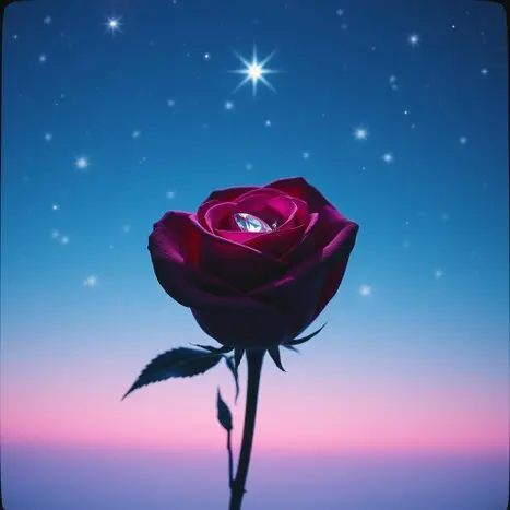 A single vibrant red rose contrasts beautifully with a dark, star-filled cosmic background.