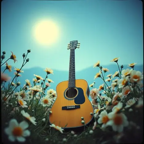 Acoustic guitar surrounded by colorful blooming flowers.