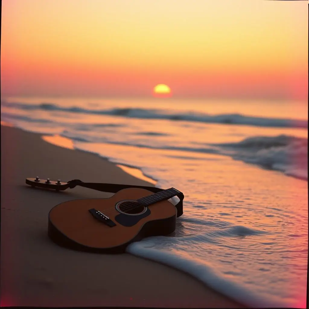 A guitar rests in the sand on a beach during sunset with ocean waves in the background.
