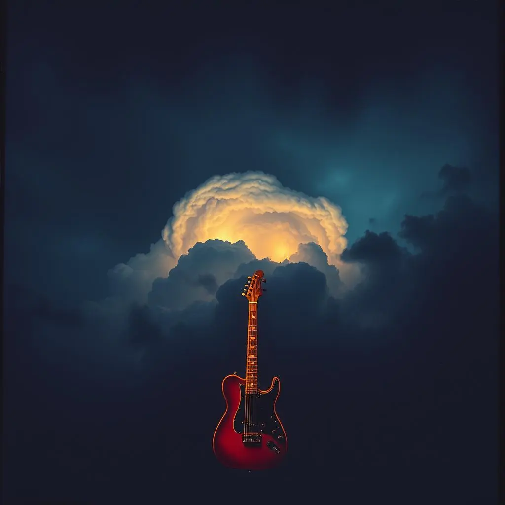 A guitar set against a sky background
