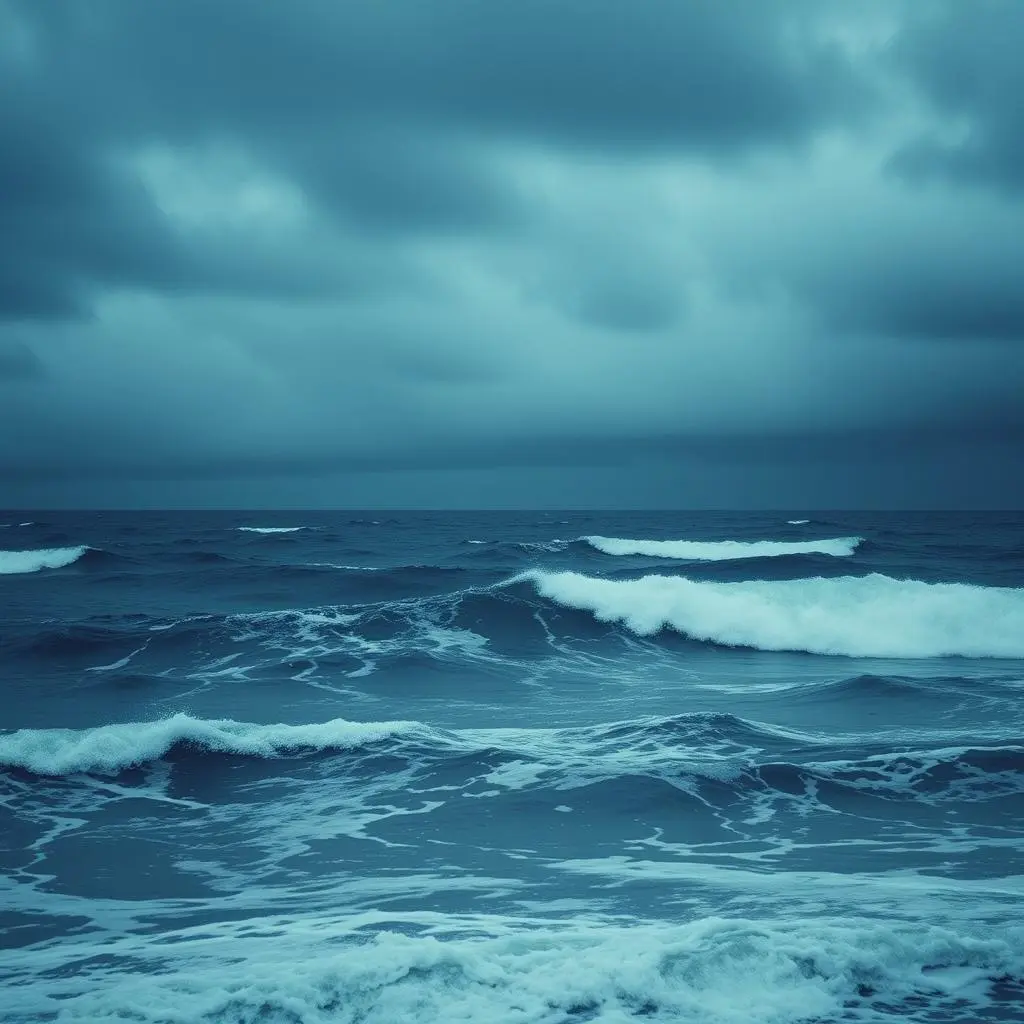 Huge waves crashing in a dark, intense ocean storm under a turbulent sky.