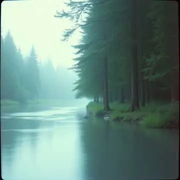 A tranquil stream winds its way through a lush green forest with tall trees.