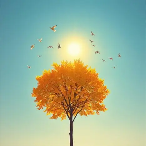 A vibrant yellow flower (sunflower/daisy) against a bright blue sky with the sun shining.