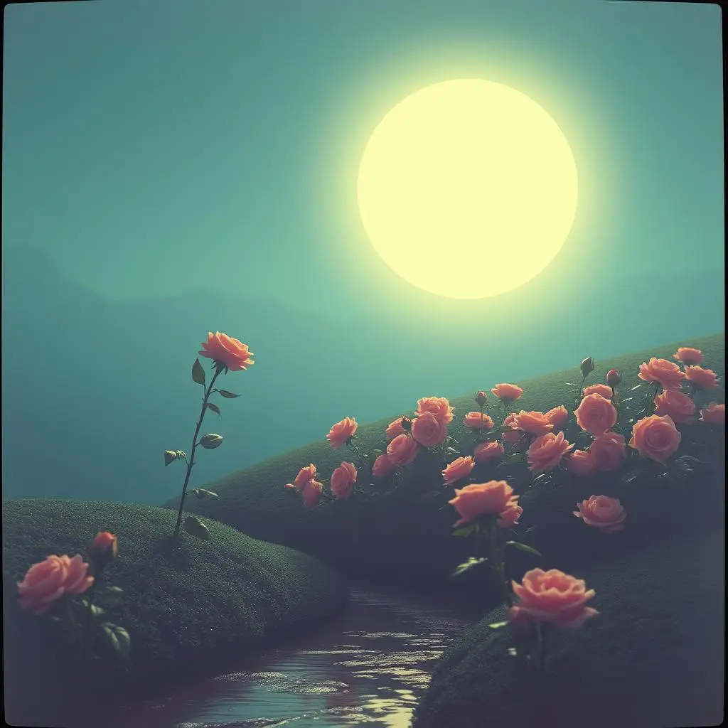 Scenic view of a moonlit night by a flowing stream with roses in bloom on the bank