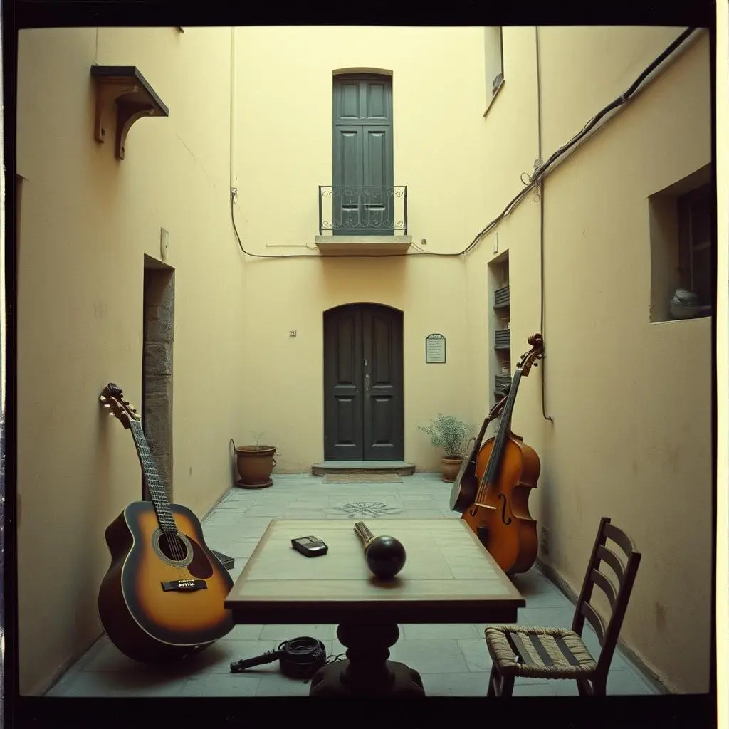 Picturesque outdoor courtyard cafe with tables, chairs, and musical instruments like a guitar and piano