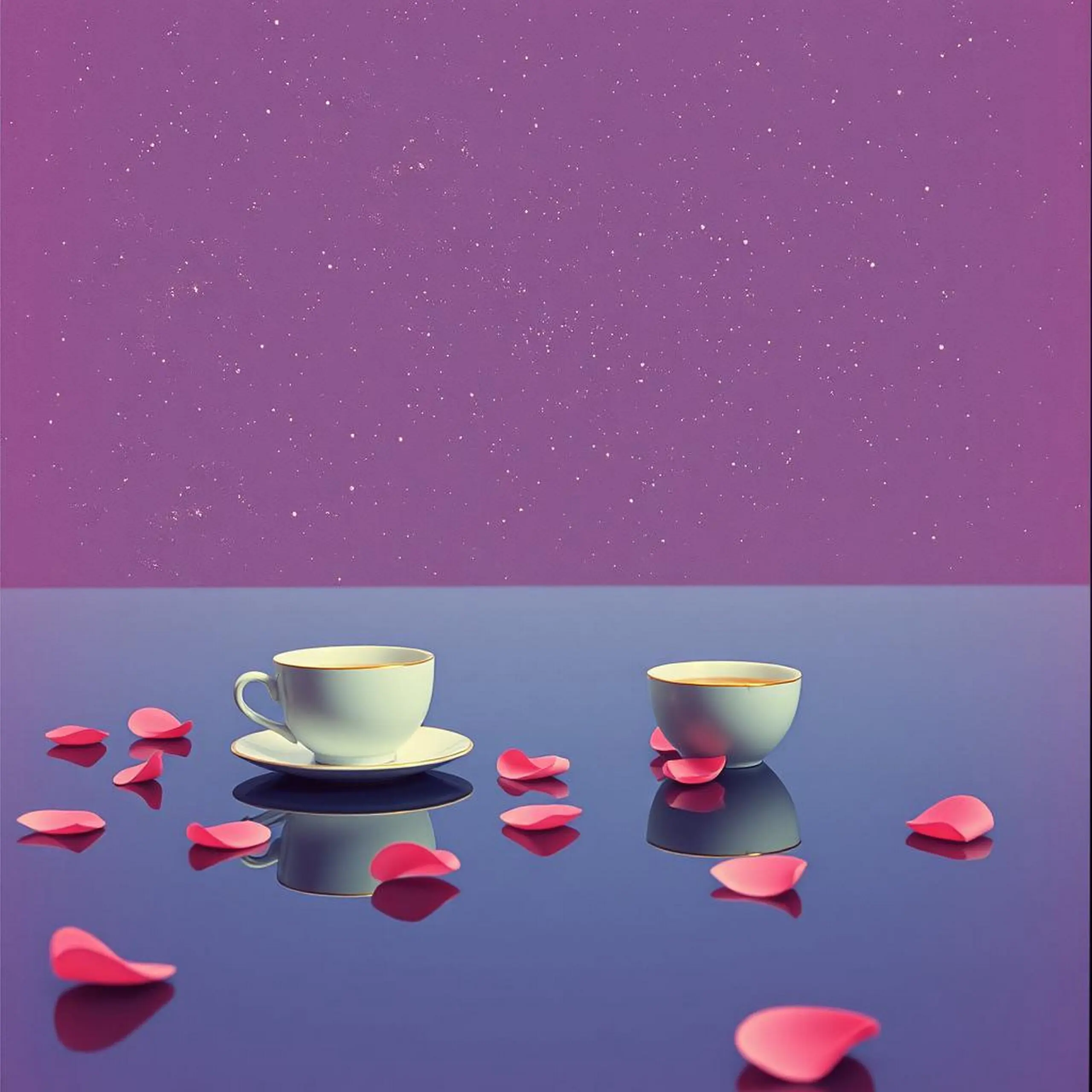 Two teacups on a table surrounded by scattered pink rose petals