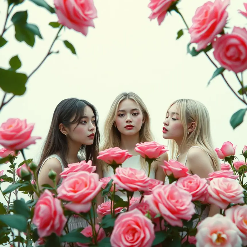 "Under the rose" (Instrumental) | New Music by Tea Spirit (Vitaly Semenov) A young woman in a dress standing in a garden full of pink roses. This is the cover image for the instrumental track "Under the rose".