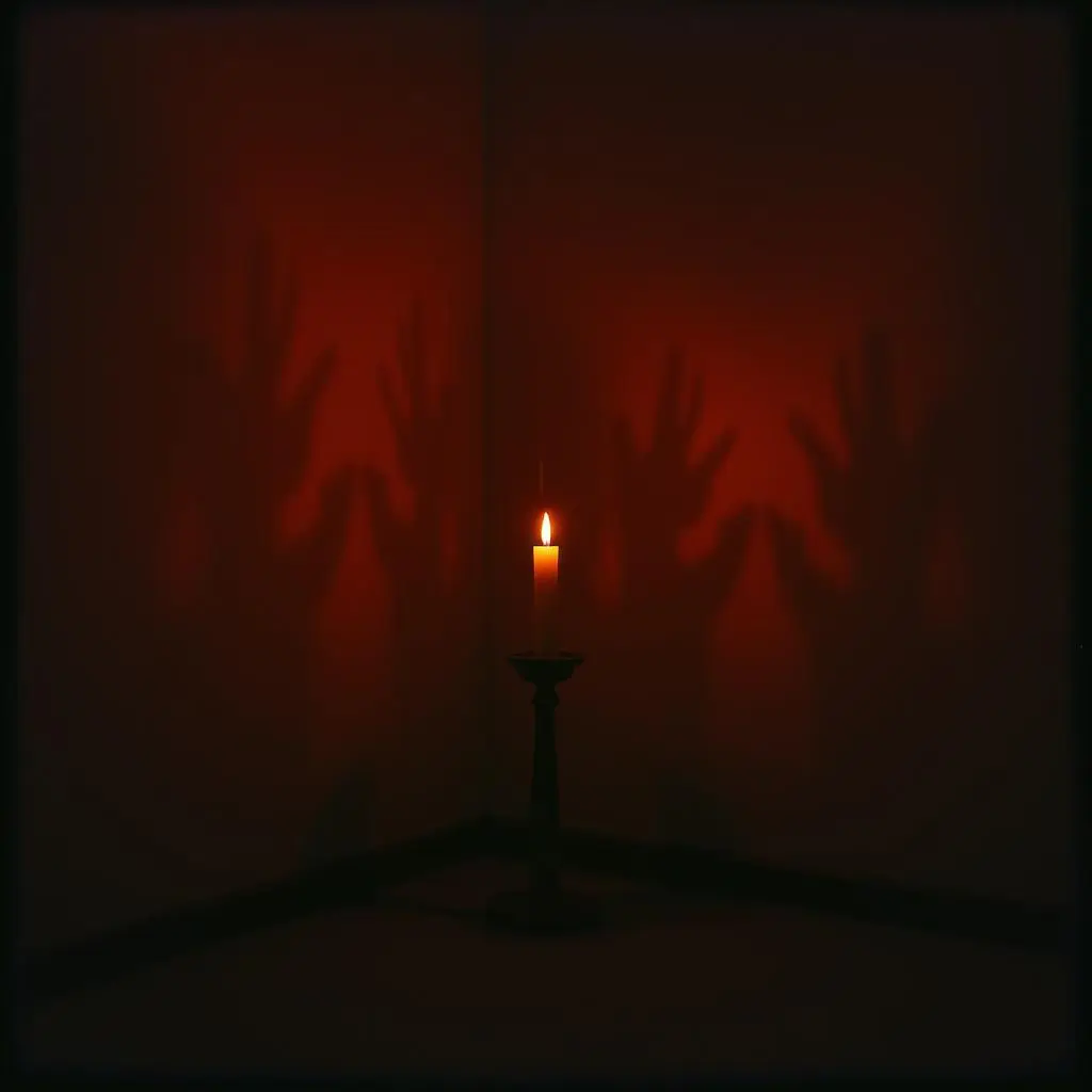 A single candle flame provides a warm glow against a rich maroon backdrop.