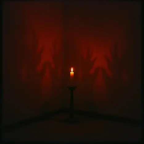 A single candle flame provides a warm glow against a rich maroon backdrop.