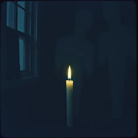 A scented candle casting a warm glow next to an elegant bottle of perfume, creating a cozy atmosphere.