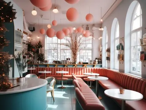 Empty restaurant interior tables set moody ambient lighting contemporary design copy space