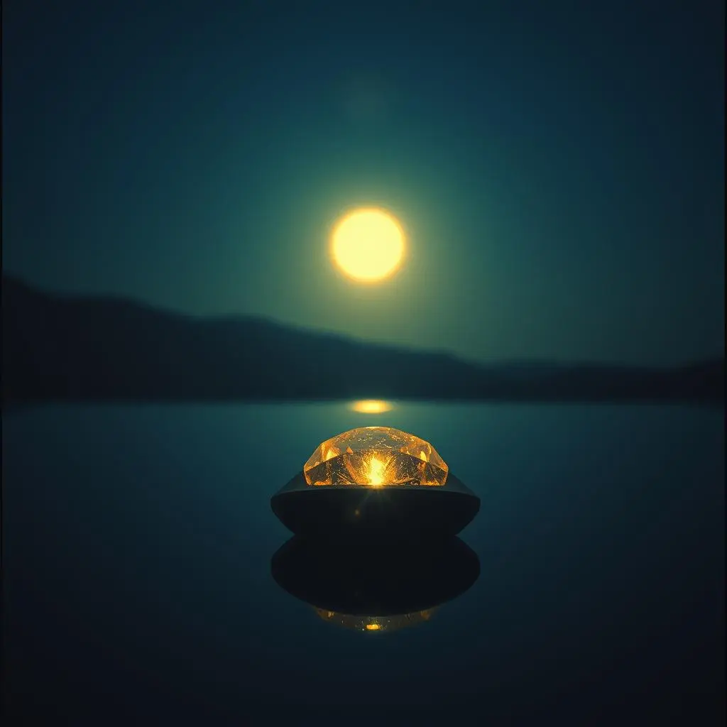A shimmering precious stone sitting outdoors, illuminated by a full moon under a night sky.