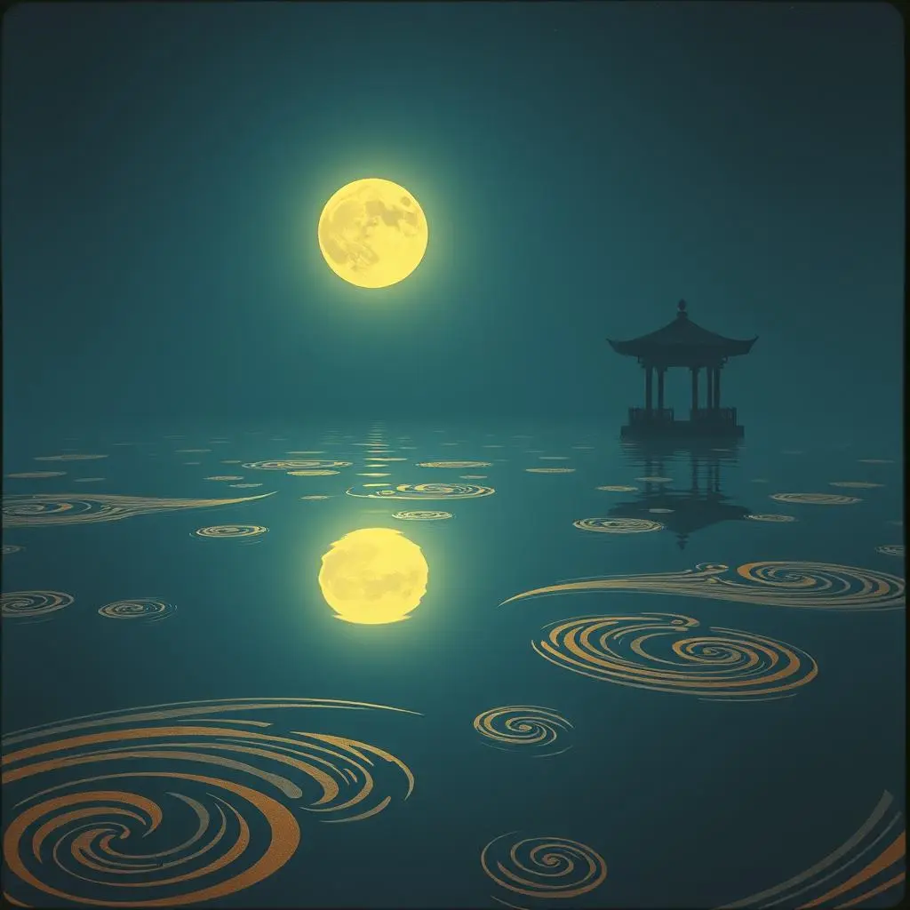 Bright moon reflecting on the calm surface of a lake at night.