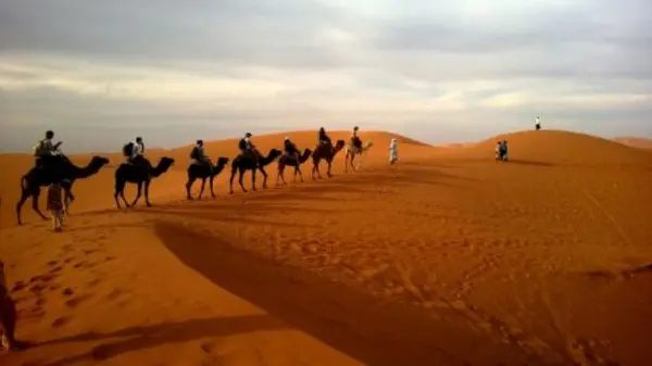 Караван верблюдов и погонщиков идет по желтому песку в большой пустыне